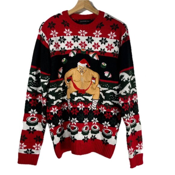 Blizzard Bay Unisex Sumo Sushi Ugly Christmas Sweater Size S - Picture 1 of 6